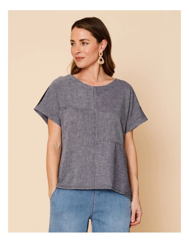 Extended Short Sleeve Spliced Woven Front Tee With Knit Back In Charcoal/White Fine Stripe image 1