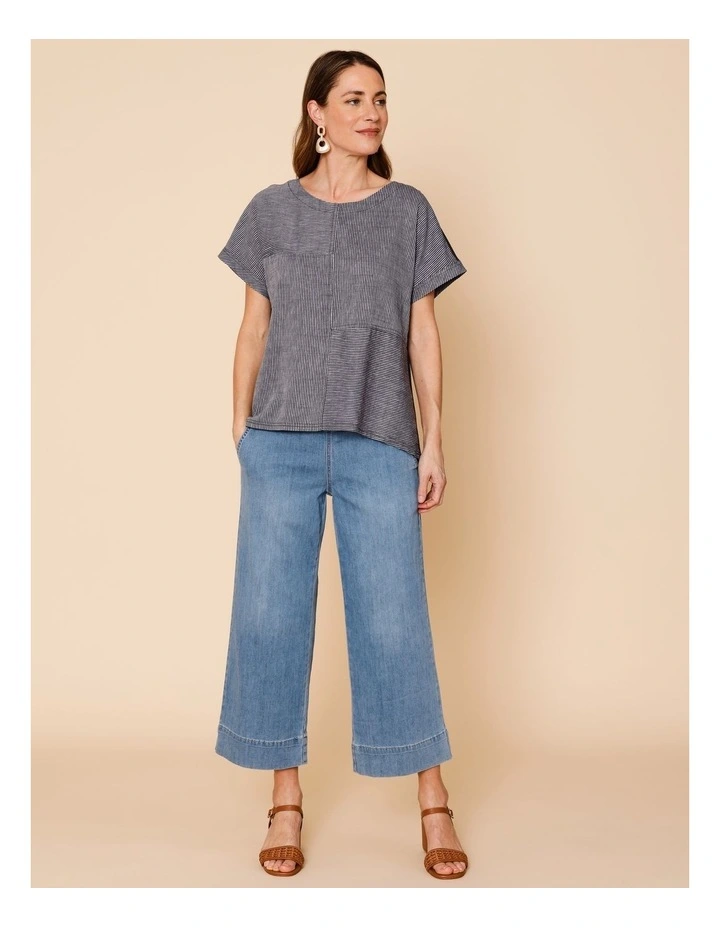 Extended Short Sleeve Spliced Woven Front Tee With Knit Back In Charcoal/White Fine Stripe image 2