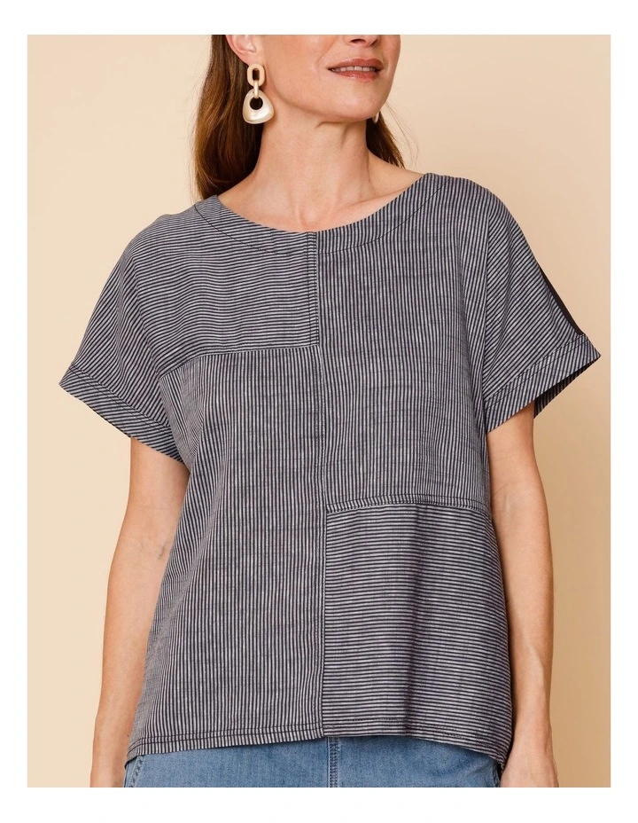 Extended Short Sleeve Spliced Woven Front Tee With Knit Back In Charcoal/White Fine Stripe image 3