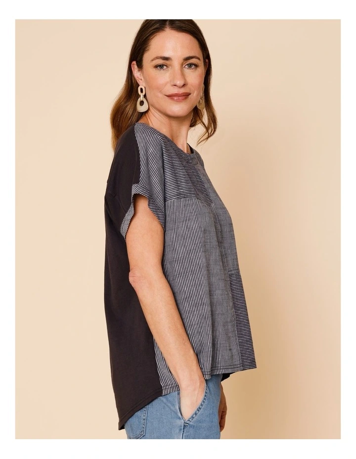Extended Short Sleeve Spliced Woven Front Tee With Knit Back In Charcoal/White Fine Stripe image 4