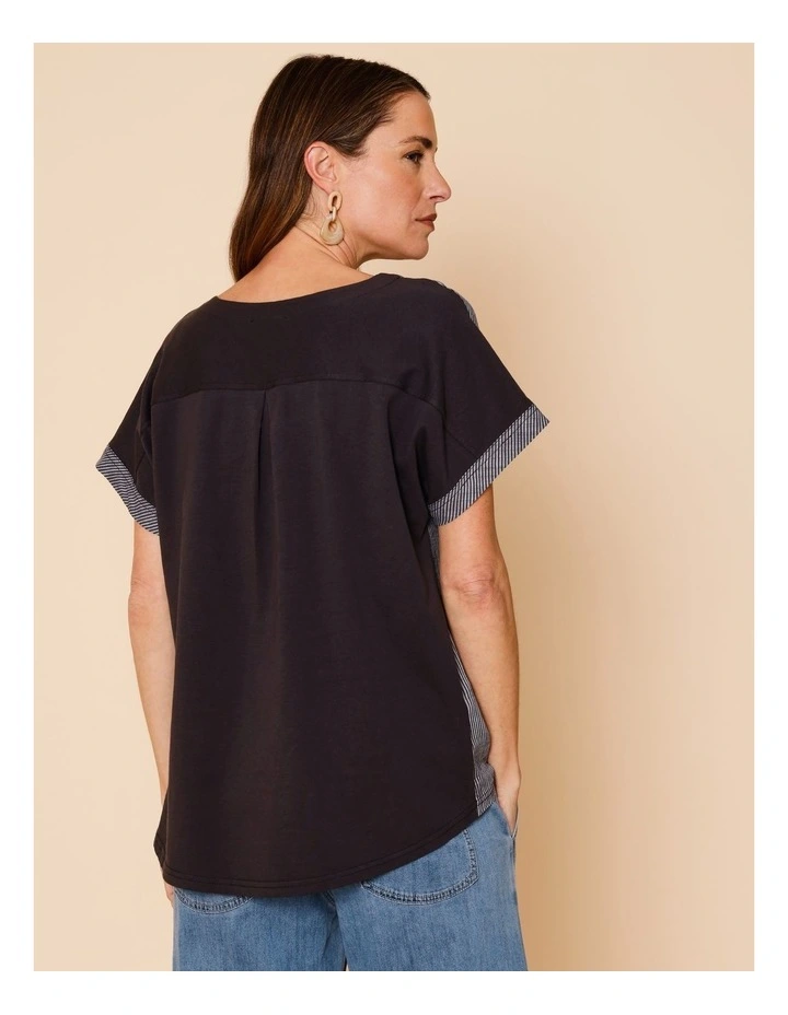 Extended Short Sleeve Spliced Woven Front Tee With Knit Back In Charcoal/White Fine Stripe image 5