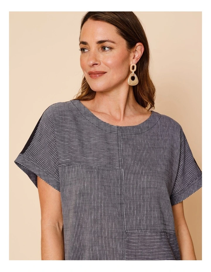 Extended Short Sleeve Spliced Woven Front Tee With Knit Back In Charcoal/White Fine Stripe image 6