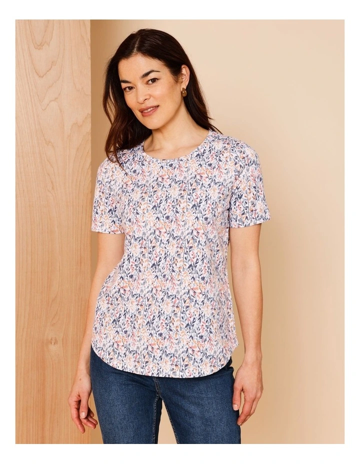 Wardrobe Staple Short Sleeve Tee In Watercolour Leaf Print White/Multi image 1