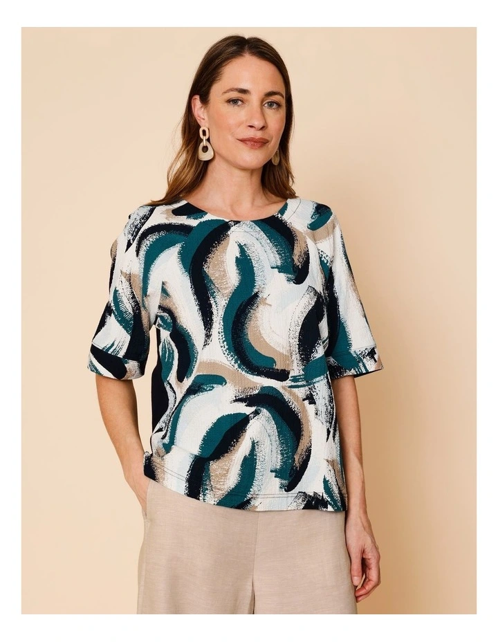 Raglan Short Sleeve Woven Front Tee With Knit Back In Blues/Navy/Neutral Abstract image 1