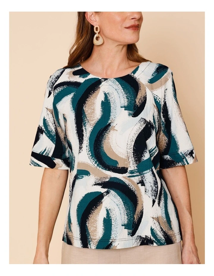 Raglan Short Sleeve Woven Front Tee With Knit Back In Blues/Navy/Neutral Abstract image 4