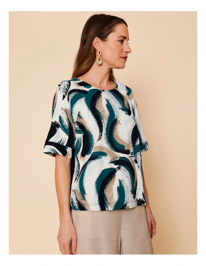 Raglan Short Sleeve Woven Front Tee With Knit Back In Blues/Navy/Neutral Abstract image 5