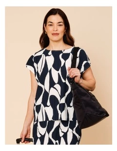 Plisse Cap Sleeve Tee in Navy/Ivory Print