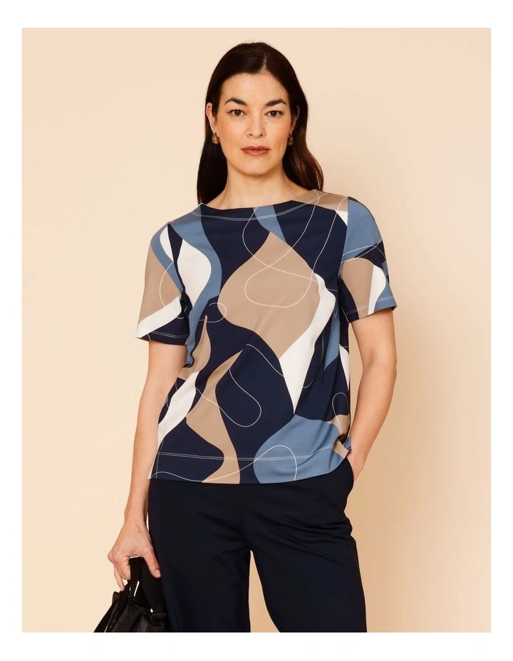 Short Sleeve Boat Neck Tee in Blues Print image 1