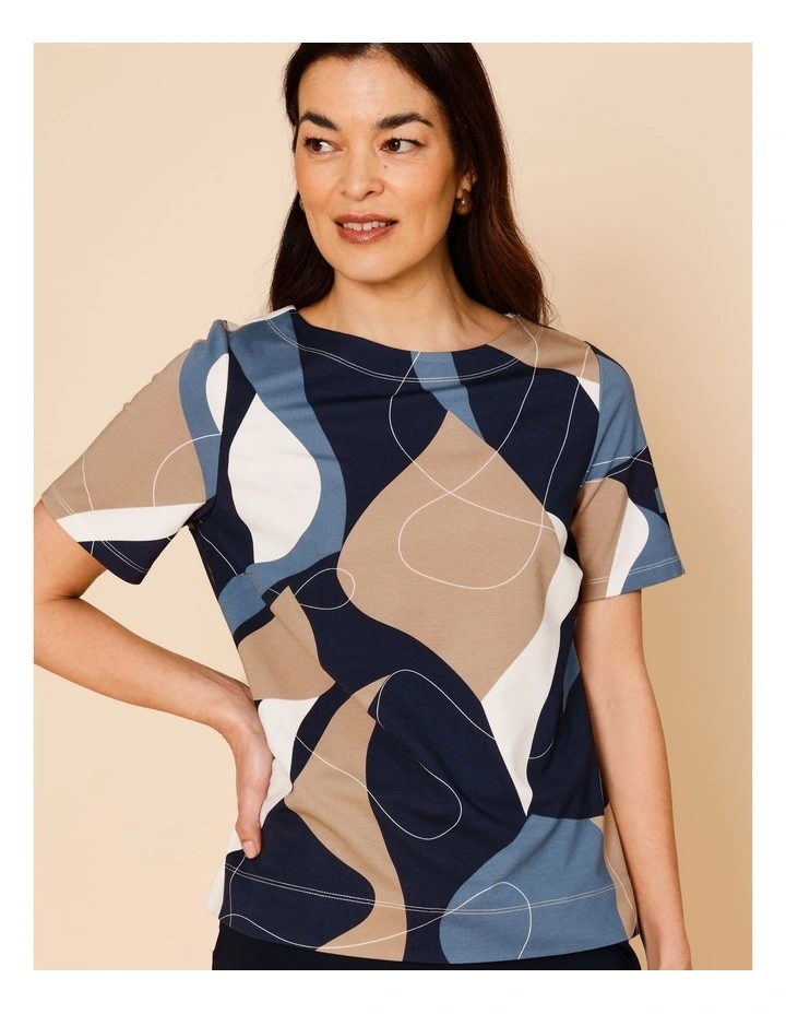 Short Sleeve Boat Neck Tee in Blues Print image 4
