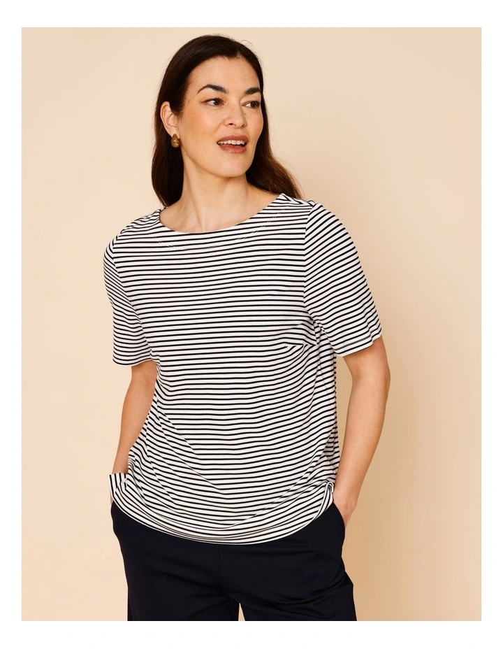 Short Sleeve Boat Neck Tee in Navy/Ivory Stripe image 3