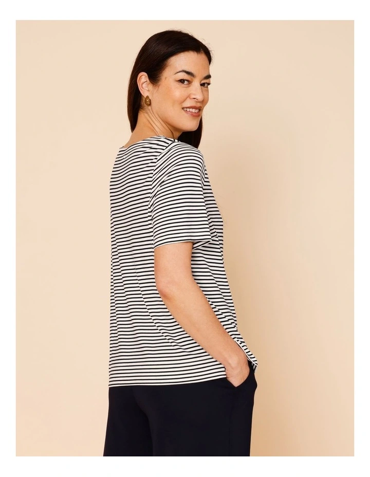 Short Sleeve Boat Neck Tee in Navy/Ivory Stripe image 5
