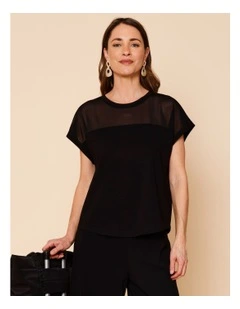 Extended Short Sleeve Tee With Mesh Yoke In Black