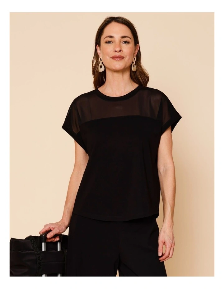 Extended Short Sleeve Tee With Mesh Yoke In Black image 1