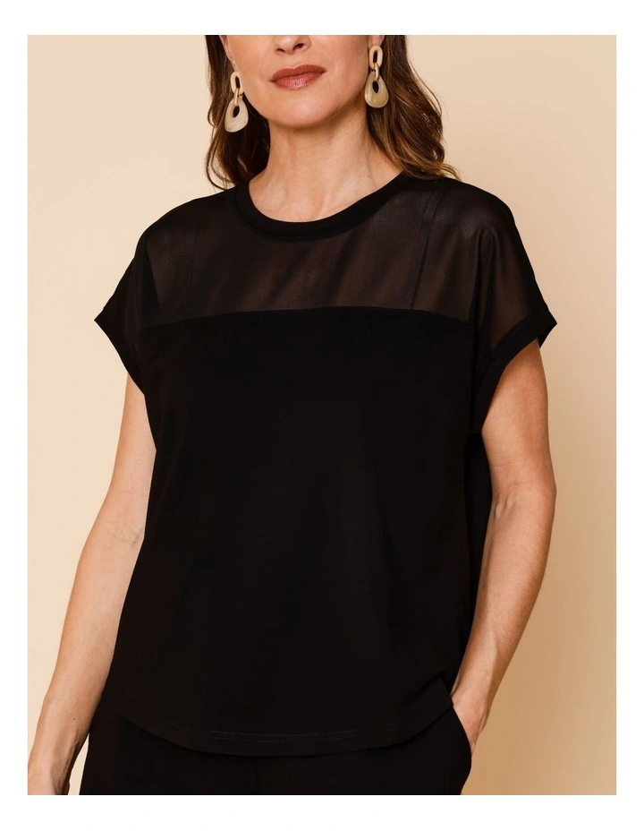 Extended Short Sleeve Tee With Mesh Yoke In Black image 3