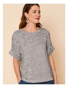 Elastic Cuff Extended Sleeve Tee In White/Black Jacquard