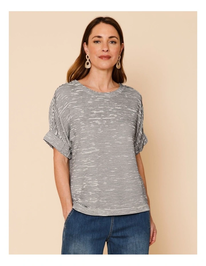 Elastic Cuff Extended Sleeve Tee In White/Black Jacquard image 3