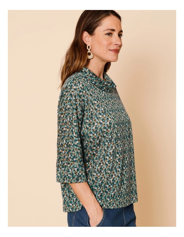 Extended 3/4 Sleeve Burnout Tee With Fold Neck In Blues Spot Print image 2