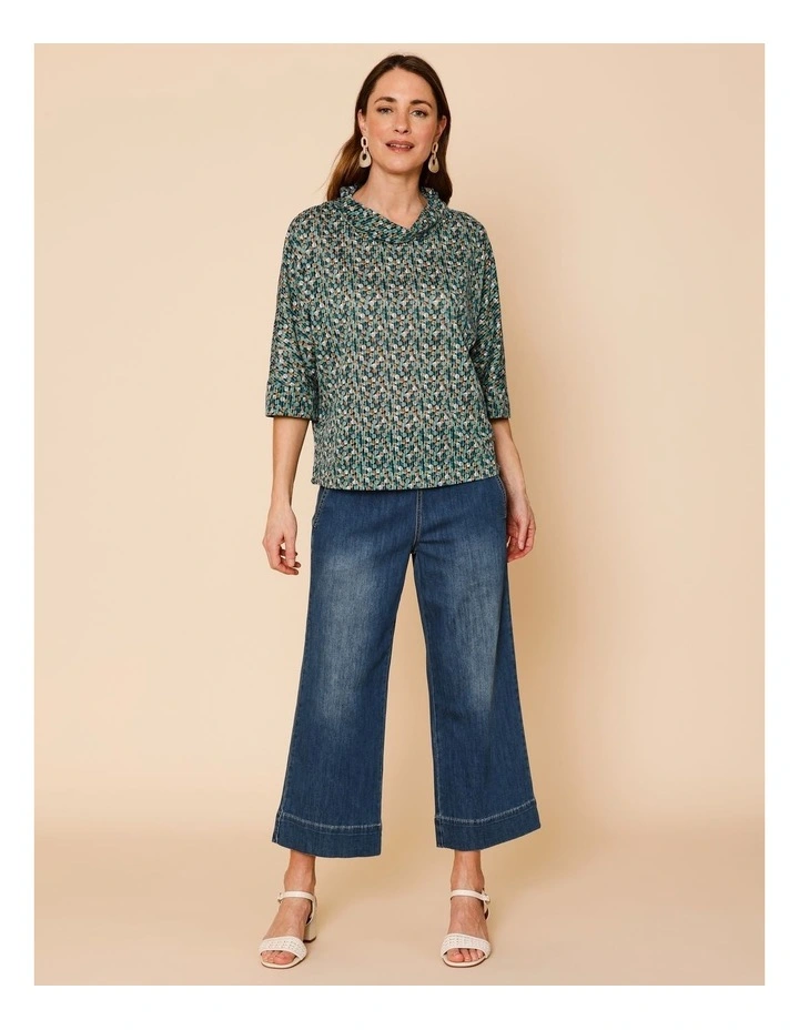 Extended 3/4 Sleeve Burnout Tee With Fold Neck In Blues Spot Print image 3