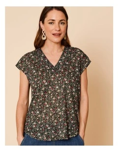 V Neck Extended Sleeve Burnout Tee In Pink Teals Print