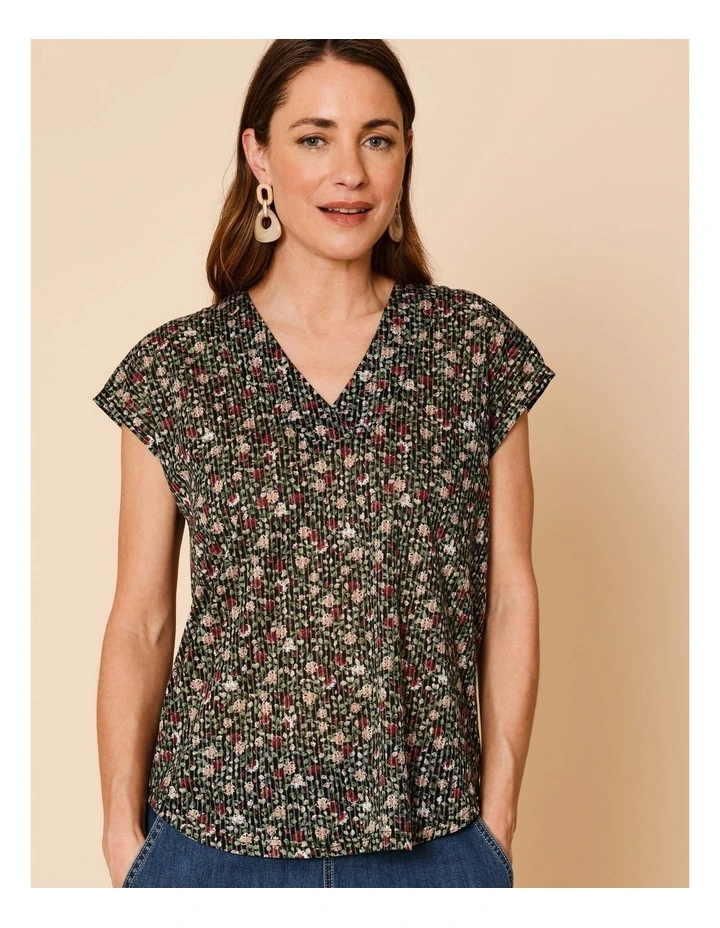 V Neck Extended Sleeve Burnout Tee In Pink Teals Print image 1