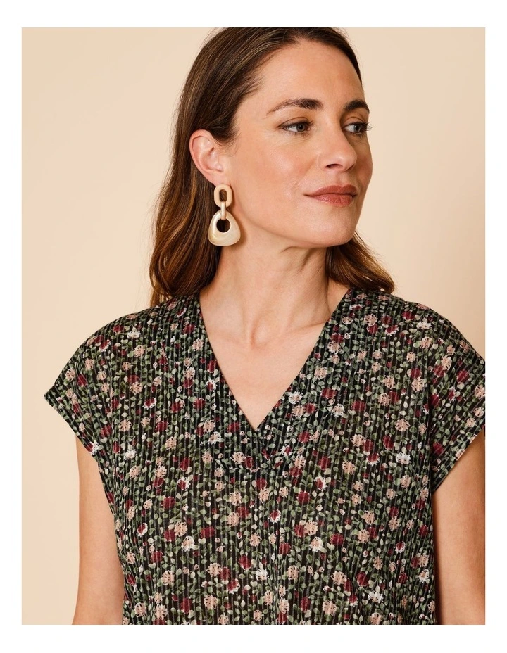 V Neck Extended Sleeve Burnout Tee In Pink Teals Print image 2