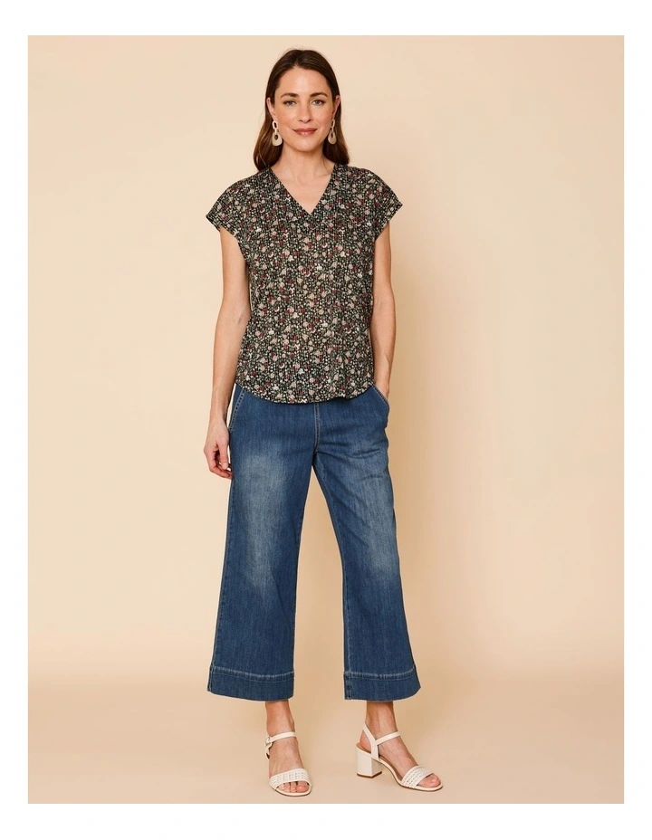 V Neck Extended Sleeve Burnout Tee In Pink Teals Print image 3