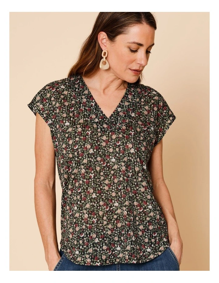 V Neck Extended Sleeve Burnout Tee In Pink Teals Print image 4