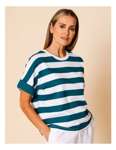 Extended Sleeve Tee With Solid Cuff In Teal/White