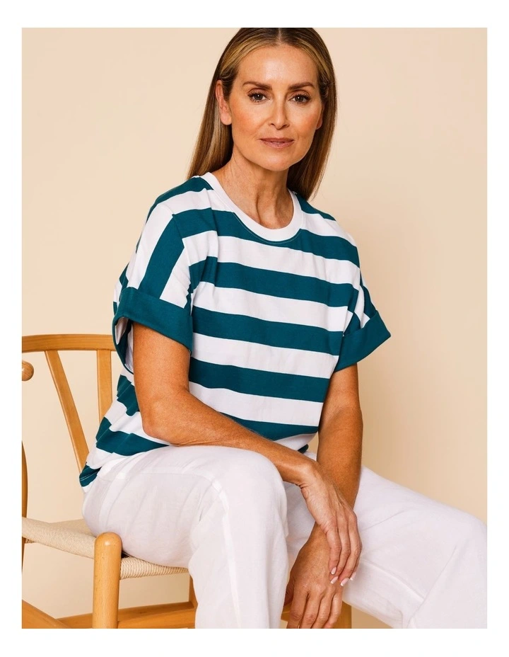 Extended Sleeve Tee With Solid Cuff In Teal/White image 2