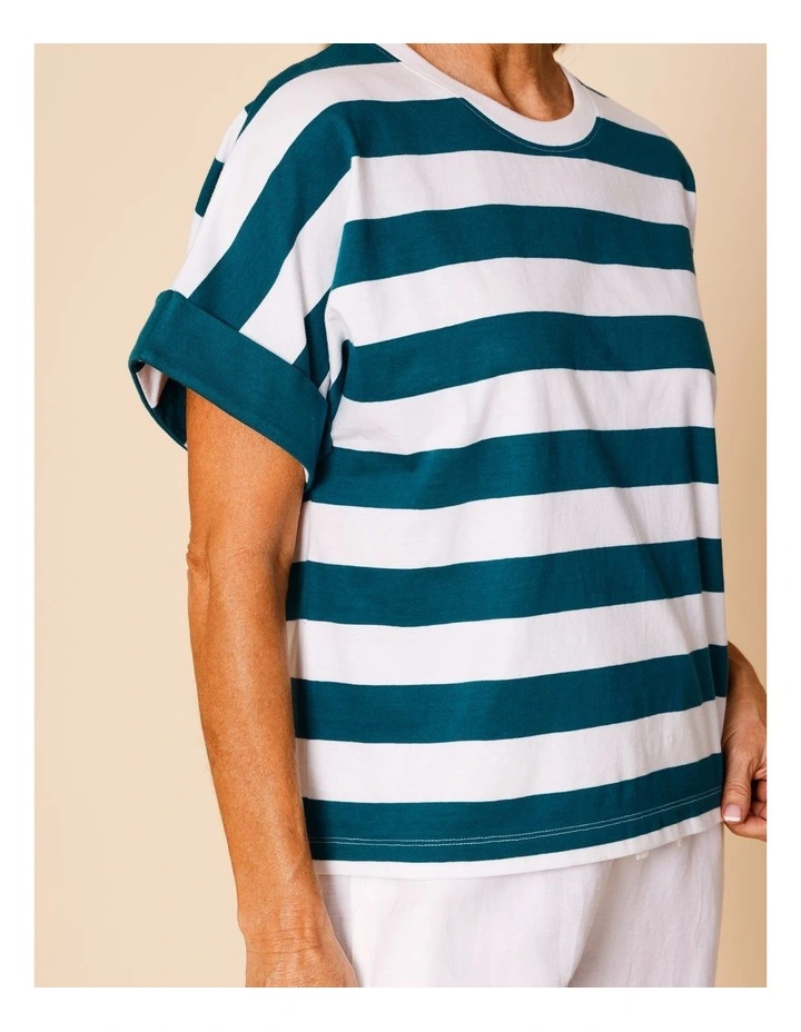 Extended Sleeve Tee With Solid Cuff In Teal/White image 4