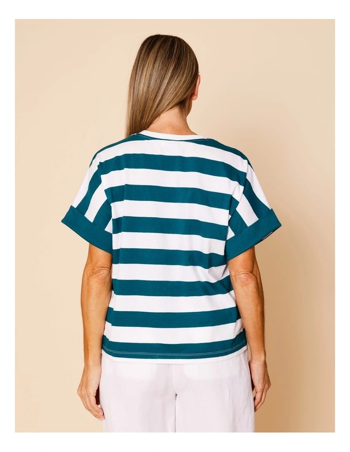 Extended Sleeve Tee With Solid Cuff In Teal/White image 5