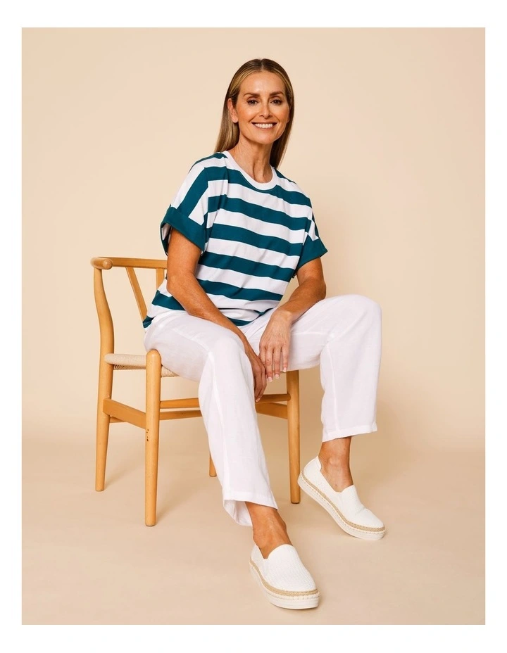 Extended Sleeve Tee With Solid Cuff In Teal/White image 6