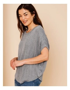 Extended Sleeve Fancy Knit Tee With Curved Hem In Blue/Black