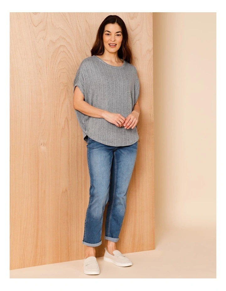 Extended Sleeve Fancy Knit Tee With Curved Hem In Blue/Black image 2
