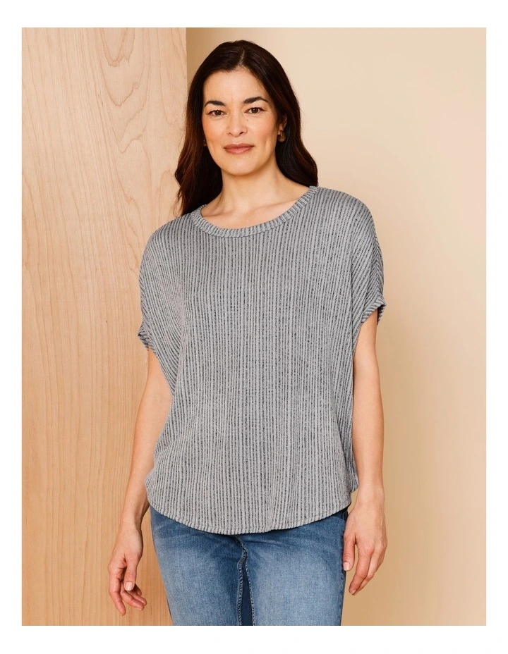 Extended Sleeve Fancy Knit Tee With Curved Hem In Blue/Black image 3
