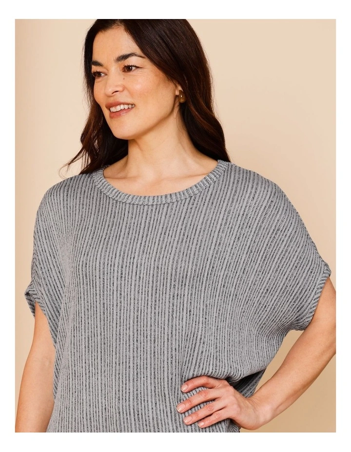 Extended Sleeve Fancy Knit Tee With Curved Hem In Blue/Black image 4