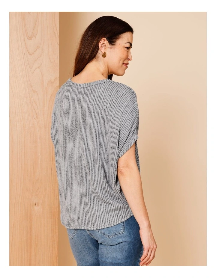 Extended Sleeve Fancy Knit Tee With Curved Hem In Blue/Black image 6
