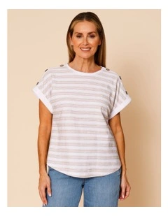 Extended Sleeve Stitched Stripe Tee With Buttons In White/Neutral