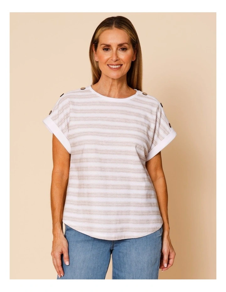 Extended Sleeve Stitched Stripe Tee With Buttons In White/Neutral image 1