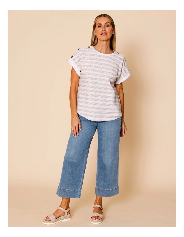 Extended Sleeve Stitched Stripe Tee With Buttons In White/Neutral image 2