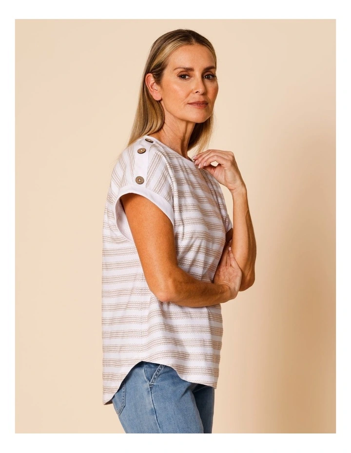 Extended Sleeve Stitched Stripe Tee With Buttons In White/Neutral image 3