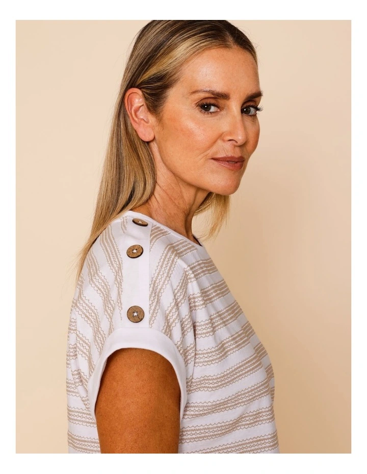 Extended Sleeve Stitched Stripe Tee With Buttons In White/Neutral image 4