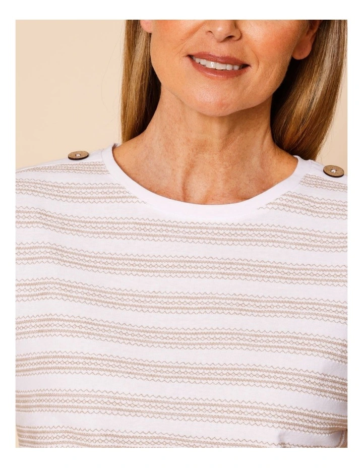 Extended Sleeve Stitched Stripe Tee With Buttons In White/Neutral image 5