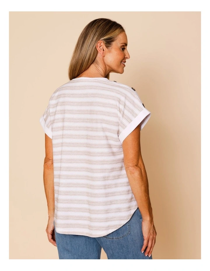 Extended Sleeve Stitched Stripe Tee With Buttons In White/Neutral image 6
