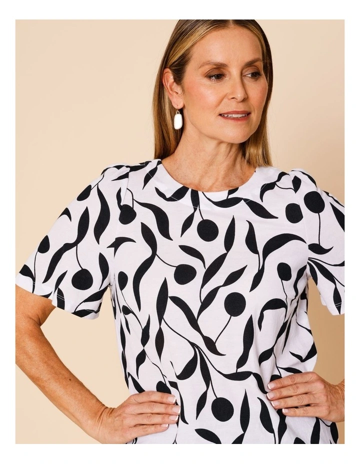 Short Bell Sleeve Tee In White With Black Leaf Print image 1