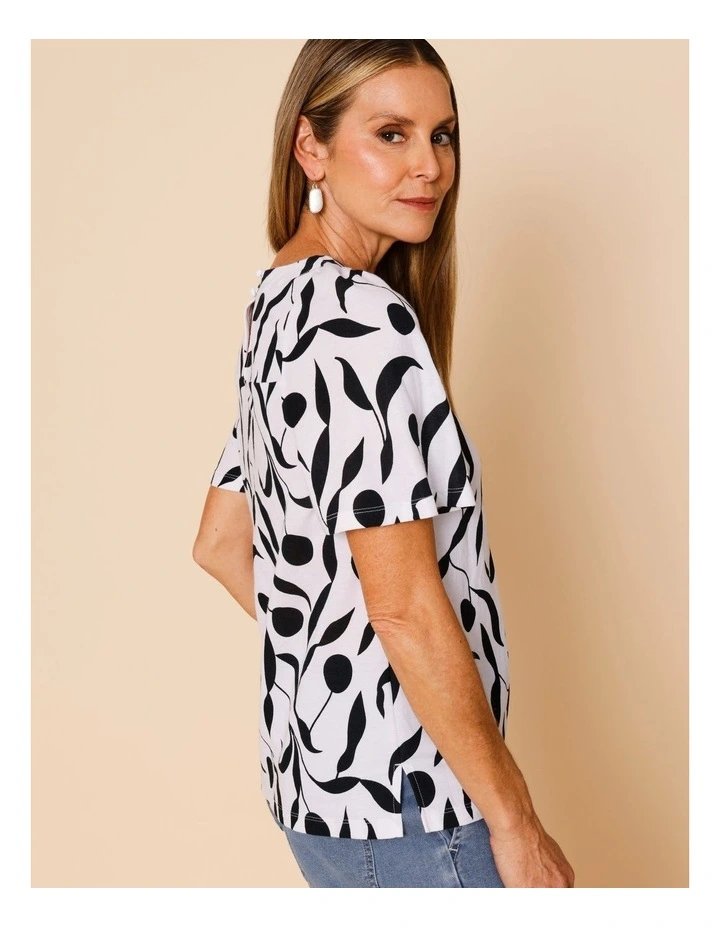 Short Bell Sleeve Tee In White With Black Leaf Print image 2