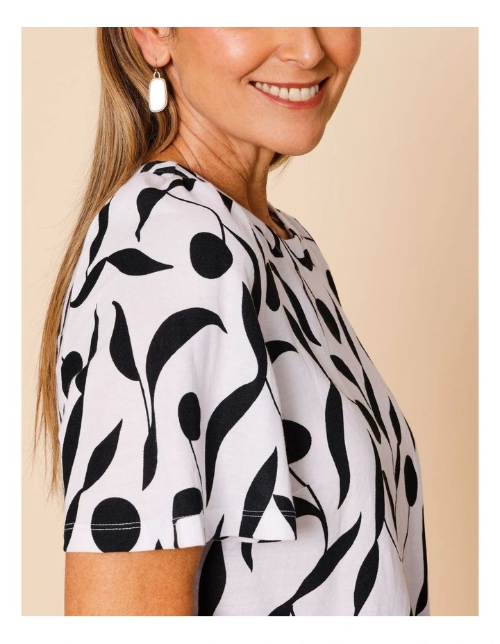 Short Bell Sleeve Tee In White With Black Leaf Print image 4