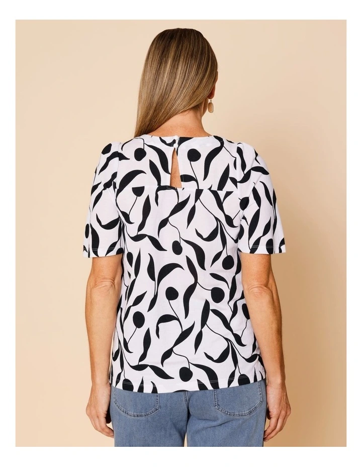 Short Bell Sleeve Tee In White With Black Leaf Print image 6
