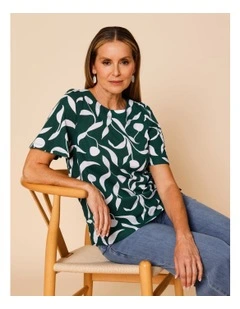 Short Bell Sleeve Tee In Green With White Leaf Print