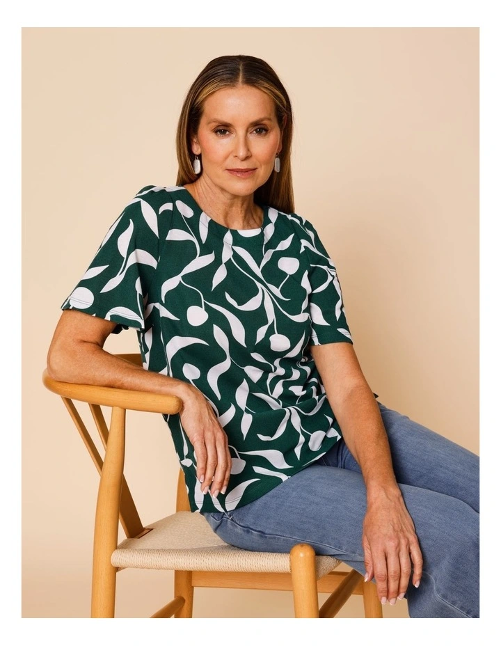 Short Bell Sleeve Tee In Green With White Leaf Print image 1
